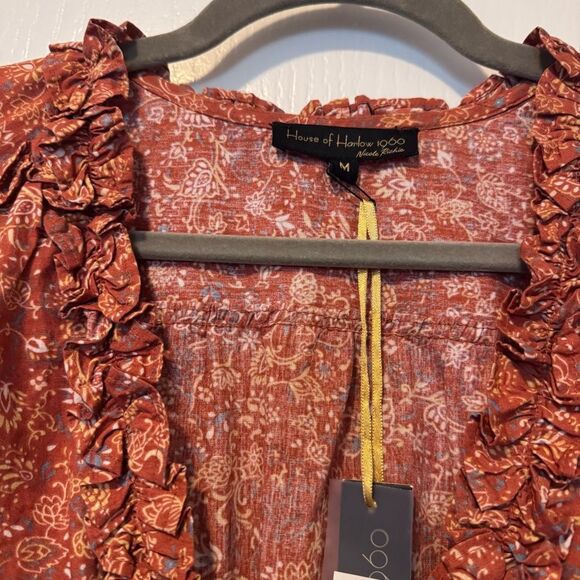 House of Harlow Wallis Rust Floral Print Tiered Ruffle Smocked Mini Dress M NWT - Picture 9 of 11